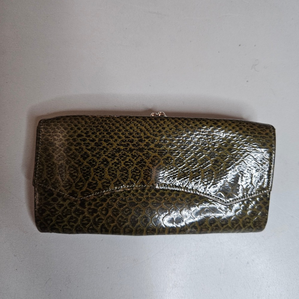 Vintage Princess Gardner Cowhide Snakeskin Embossed Wallet Olive Green Kiss Lock